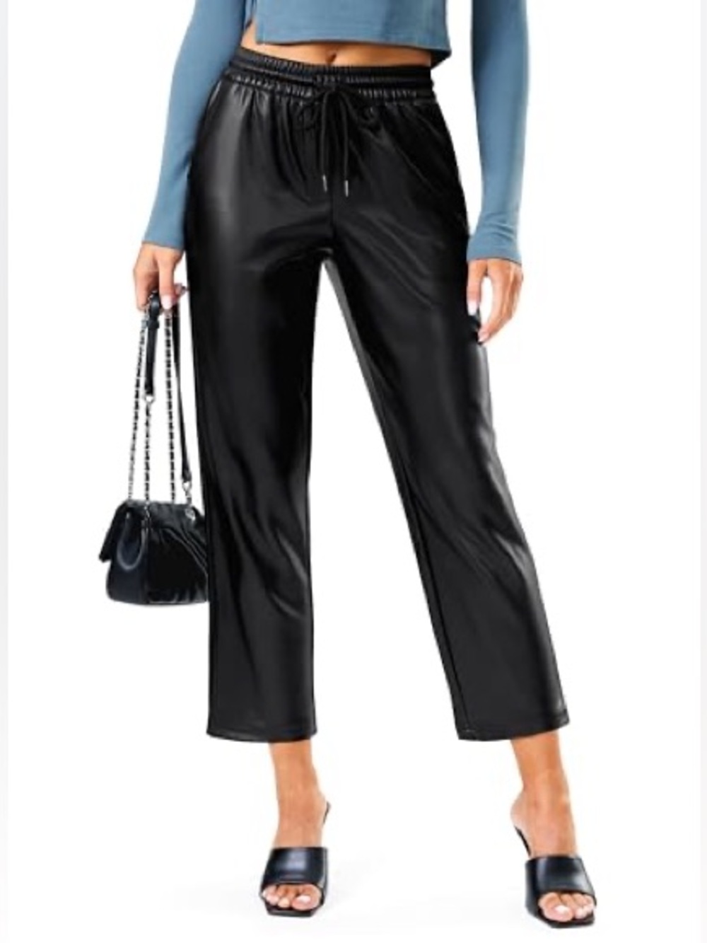 Women's Faux Leather Cropped Drawstring Pants - Black
